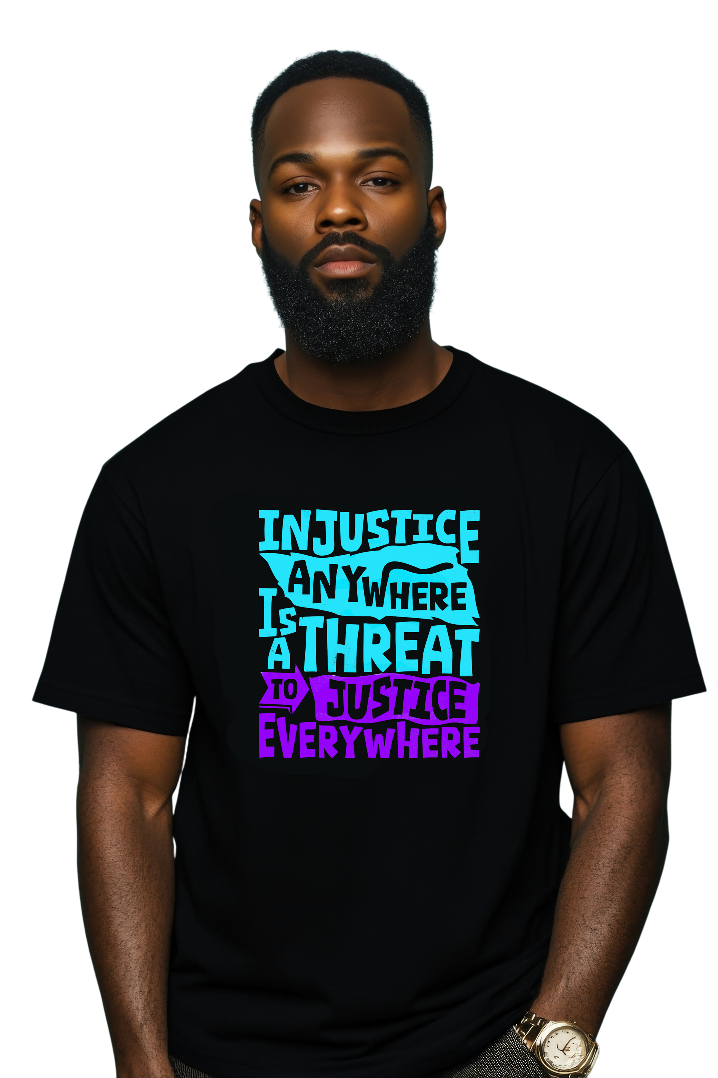 Man wearing t-shirt: 'INJUSTICE ANYWHERE IS A THREAT TO JUSTICE EVERYWHERE'.