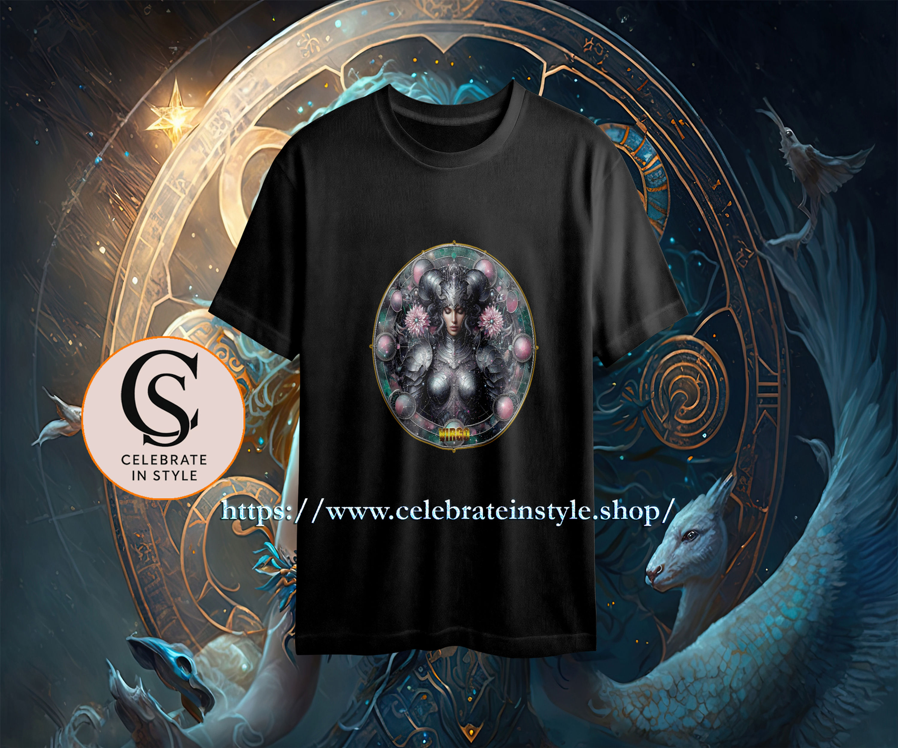 Black t-shirt, circular design, 'S CELEBRATE IN STYLE', celebrateinstyle.shop.
