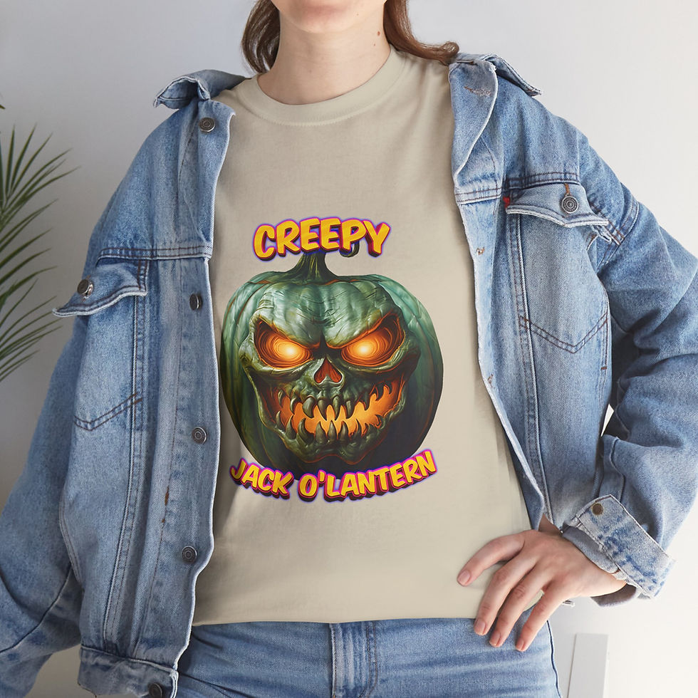 Person wears t-shirt with "CREEPY JACK O'LANTERN" design, glowing eyes.