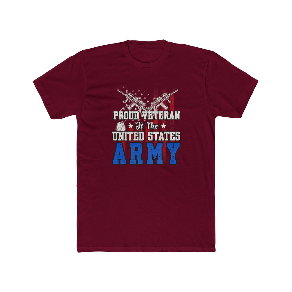 Thumbnail: Maroon t-shirt, "PROUD VETERAN OF THE UNITED STATES ARMY" text, crossed rifles.