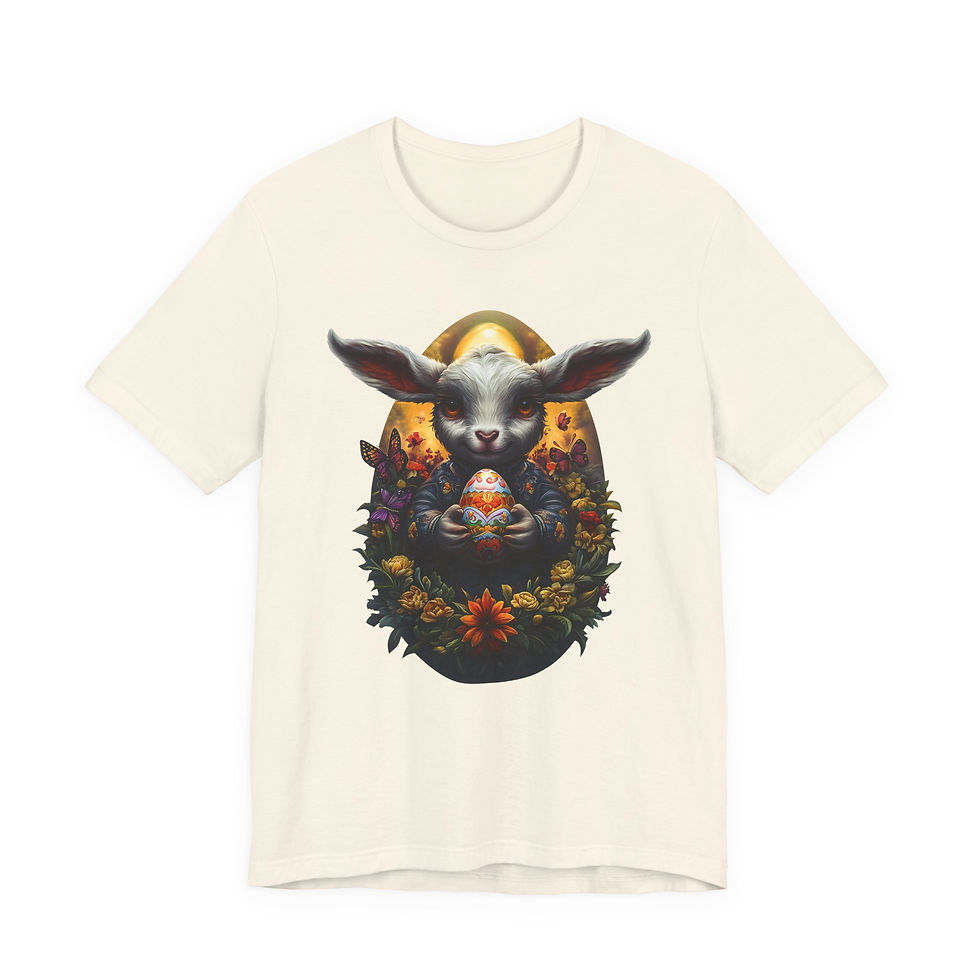 Thumbnail: Cream t-shirt featuring stylized dark rabbit head in a floral egg.