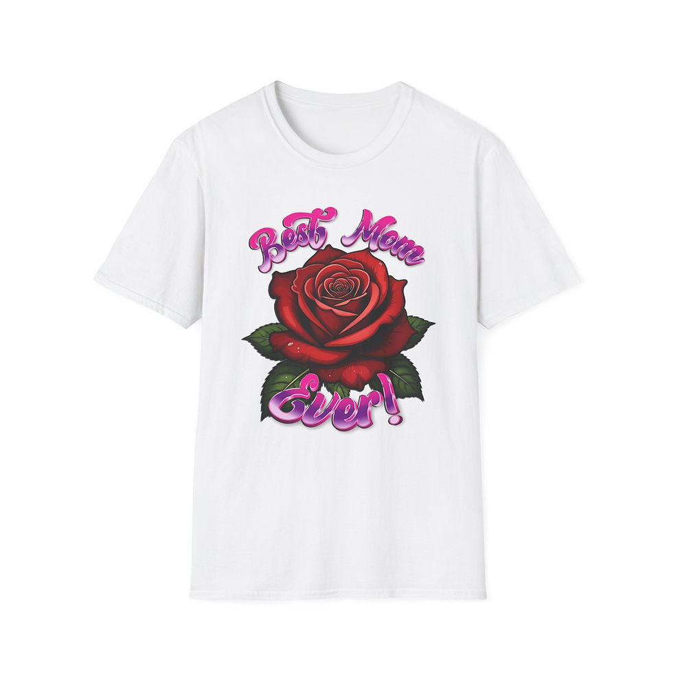 White t-shirt with red rose and "Best Mom Ever!" text.
