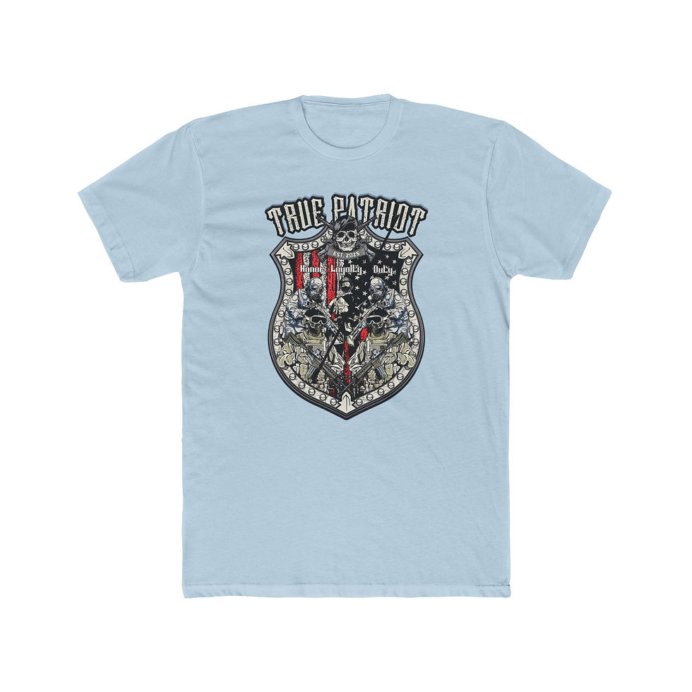 Thumbnail: Light blue t-shirt with 'ONE BLOOD 1776' shield emblem design.