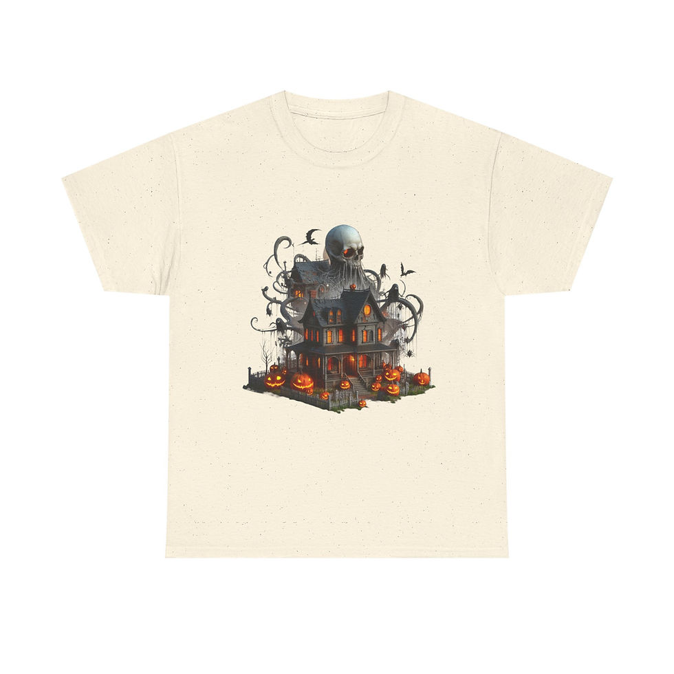 Thumbnail: Beige t-shirt with spooky skeleton sitting on pumpkins and bats design.