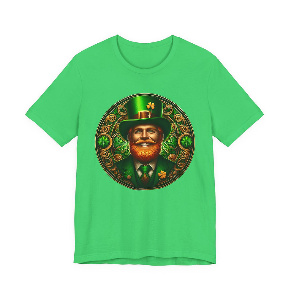Thumbnail: Green t-shirt, detailed leprechaun graphic with beard, top hat, Celtic design.