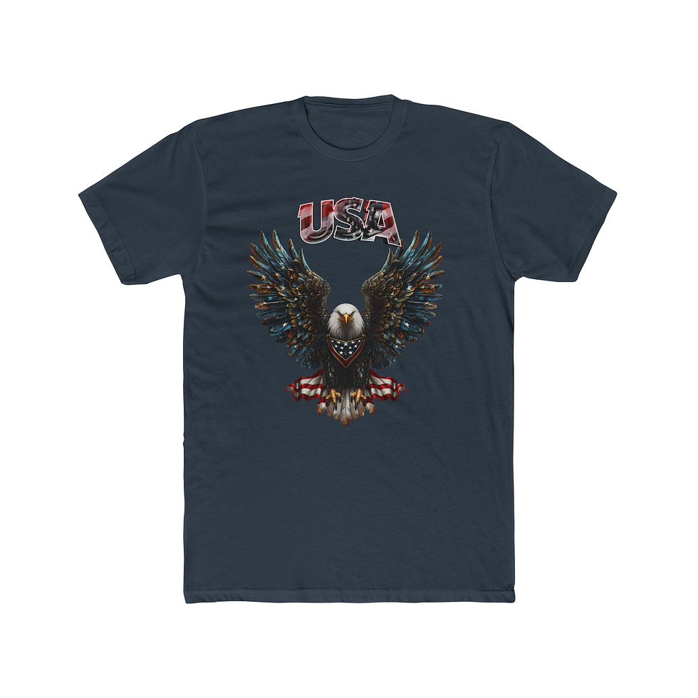 Thumbnail: Dark blue t-shirt with 'USA' text and a soaring patriotic bald eagle graphic.