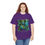 Thumbnail: Woman wears purple t-shirt with intricate green-blue mythological figure design.