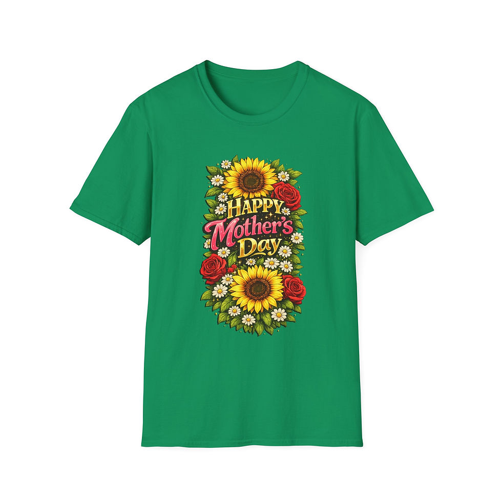 Thumbnail: Green t-shirt with "Happy Mother's Day" text, sunflowers, and red roses.