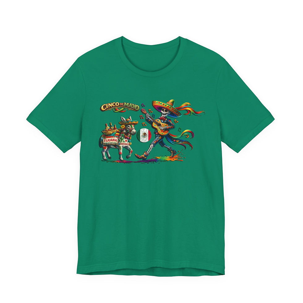 Thumbnail: Green t-shirt with skeleton mariachi, donkey, and "Cinco de Mayo" graphic.