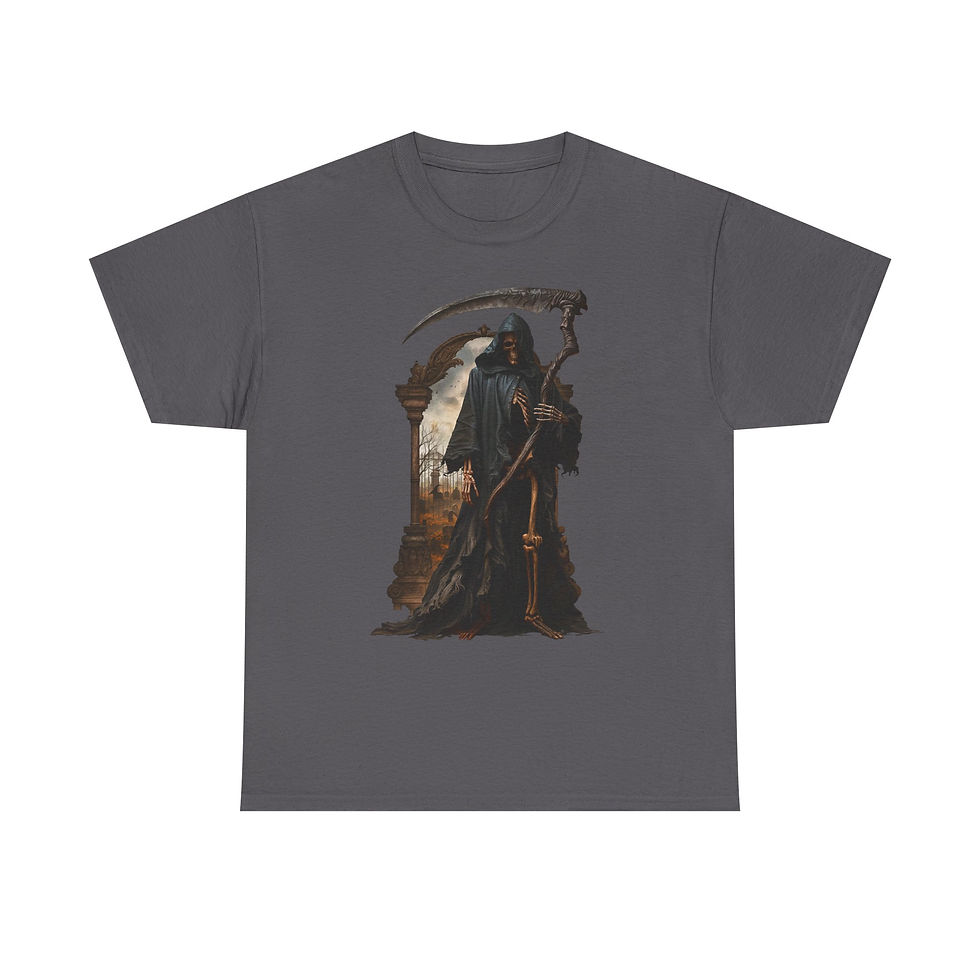Thumbnail: Dark grey t-shirt featuring a menacing Grim Reaper holding a scythe.