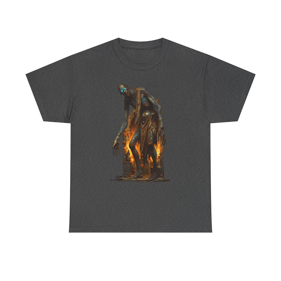 Thumbnail: Dark gray t-shirt with a flaming, monstrous figure design.