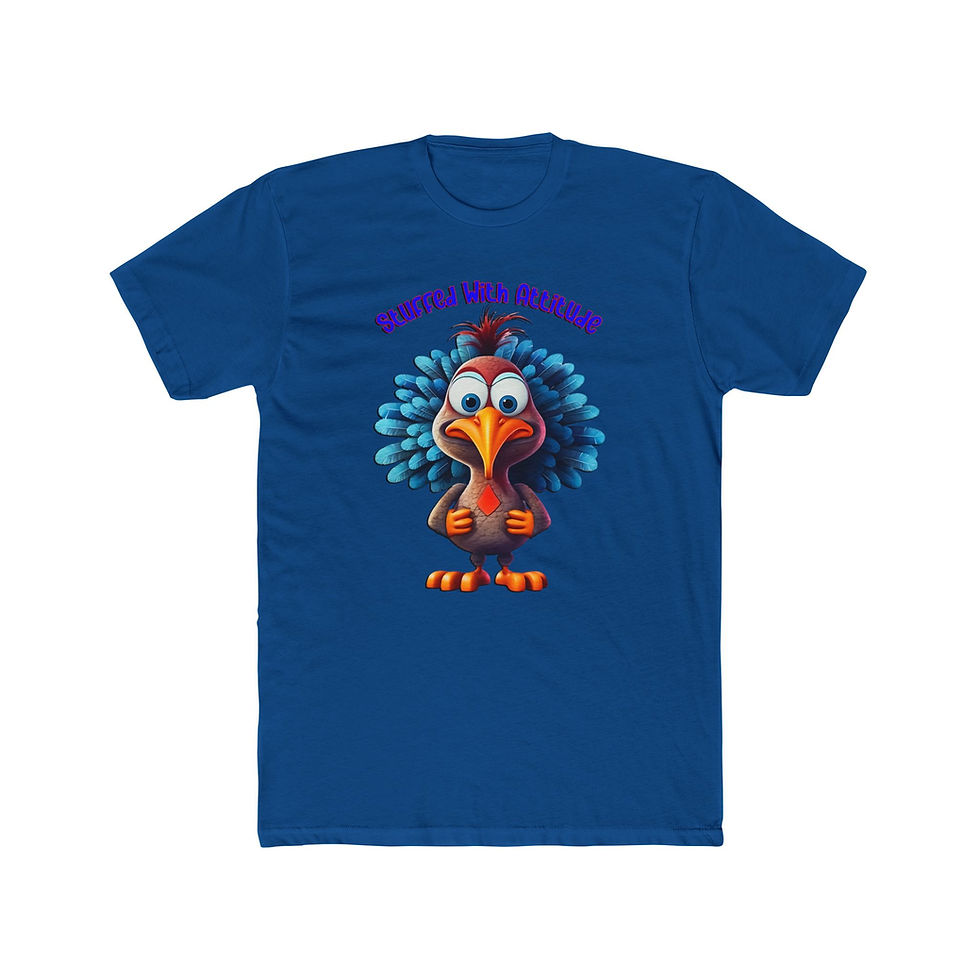 Thumbnail: Blue t-shirt with cute cartoon turkey and "Happy Thanksgiving" text, holiday apparel.