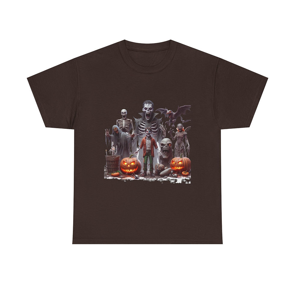 Thumbnail: Brown t-shirt featuring horror movie villains with carved pumpkins for Halloween.