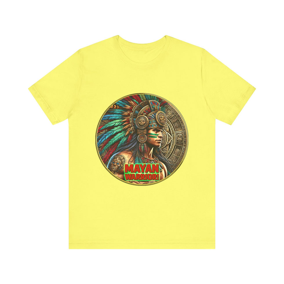Thumbnail: Yellow t-shirt, Mayan Warrior graphic featuring feathered headdress, circular design.