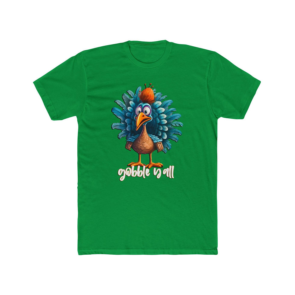 Thumbnail: Green t-shirt featuring a cartoon turkey with "gobble til all" text.