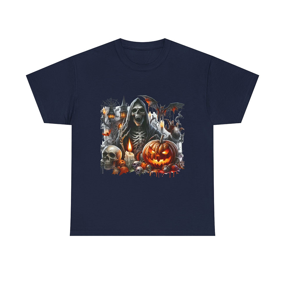 Thumbnail: Dark blue t-shirt with grim reaper, skulls, and glowing jack-o'-lantern.