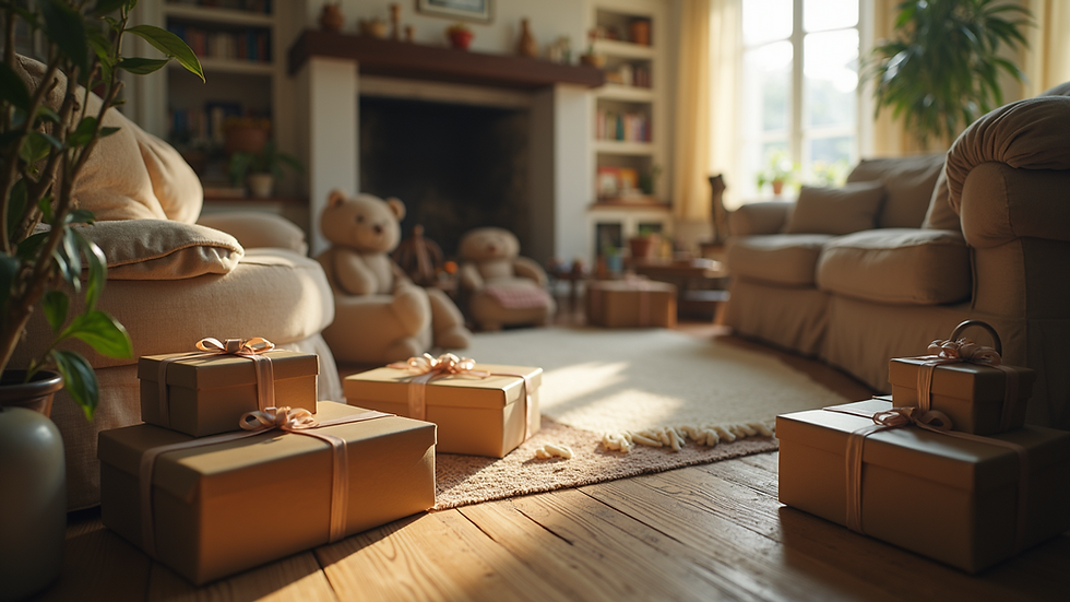 Eye-level view of a cluttered living room filled with wedding gifts