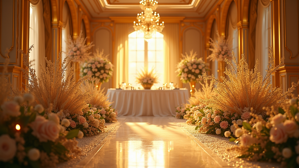 Eye-level view of a luxurious gold wedding decor showcasing elegant floral arrangements and lighting