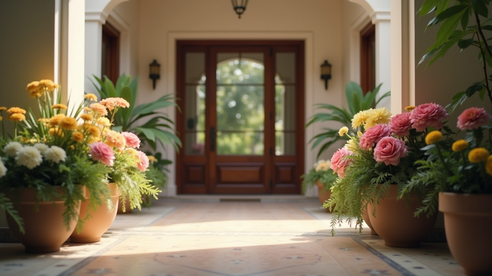 Close-up view of colorful floral arrangements in a welcoming entrance space