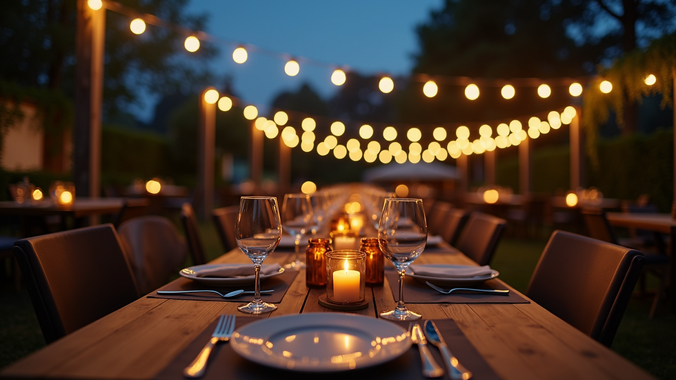 Eye-level view of a cozy outdoor dining setup under the stars
