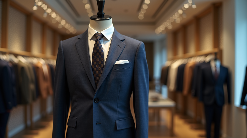 Eye-level view of a stylish morning suit displayed on a mannequin