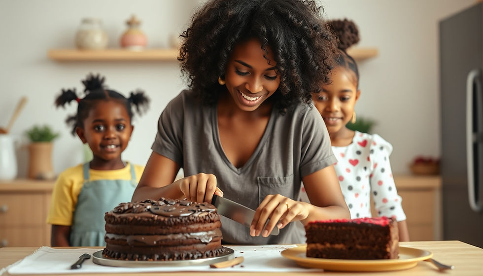 Eye-level view of a kitchen with a young woman baking a chocolate cake while children sit at the table