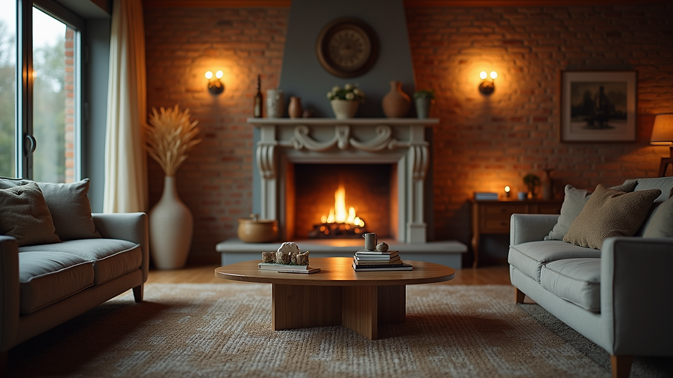 Eye-level view of a cozy living room with a fireplace