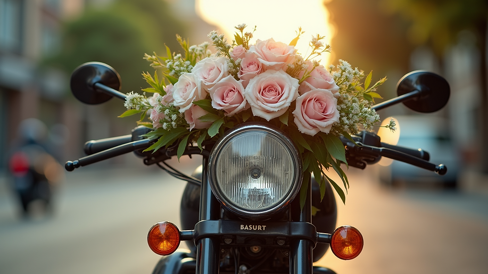 Eye-level view of a motorbike adorned with wedding flowers