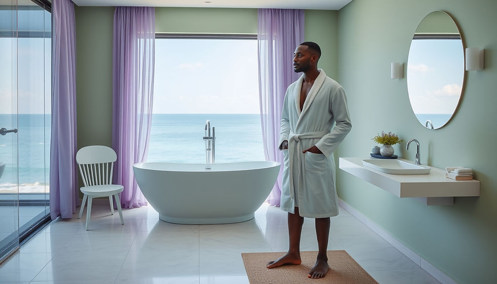 High angle view of a serene bathroom featuring light green walls and sheer purple curtains