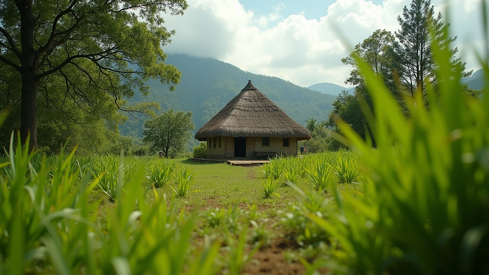 Eye-level view of a traditional Agikuyu homestead surrounded by lush greenery