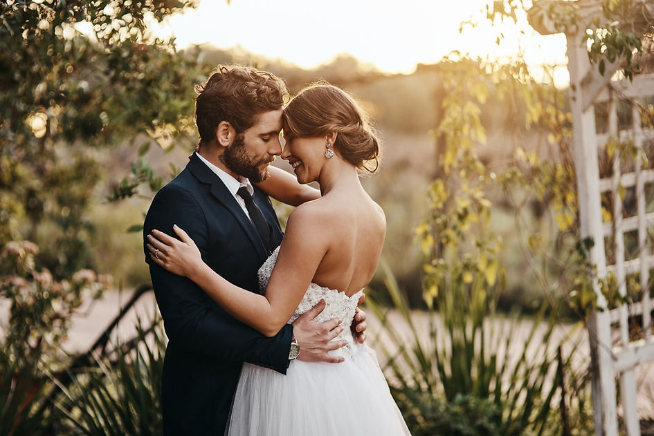Wedding, love and couple in garden for marriage, ceremony celebration and commitment Save 