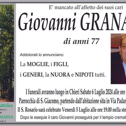 E' mancato all'affetto dei suoi cari Giovanni GRANATO...