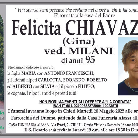 E' tornata alla casa del Padre Felicita CHIAVAZZA ved. Milani 