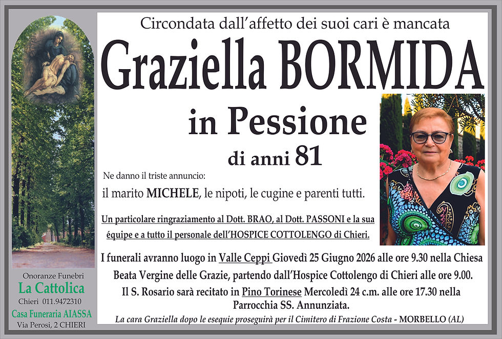 Circondata dall'affetto dei suoi cari è mancata Graziella Bormida in Pessione...