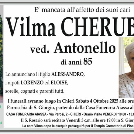 E' mancata all'affetto dei suoi cari Vilma CHERUBIN ved. Antonello..