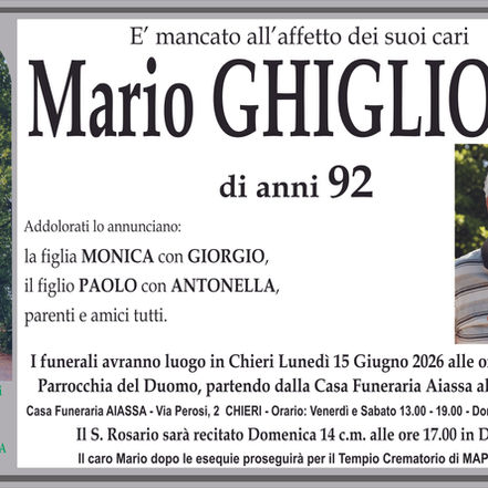 E' mancato all'affetto dei suoi cari Mario Ghiglione..