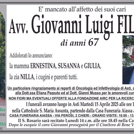 E' mancato all'affetto dei suoi cari Avv. Giovanni Luigi FILIPPI..