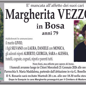 E' mancata all'affetto dei suoi cari Margherita VEZZOLI in Bosa..