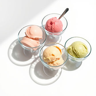 bright gelato scoops in glass bowls spread apart 8 inches. the gelato scoops should be at 