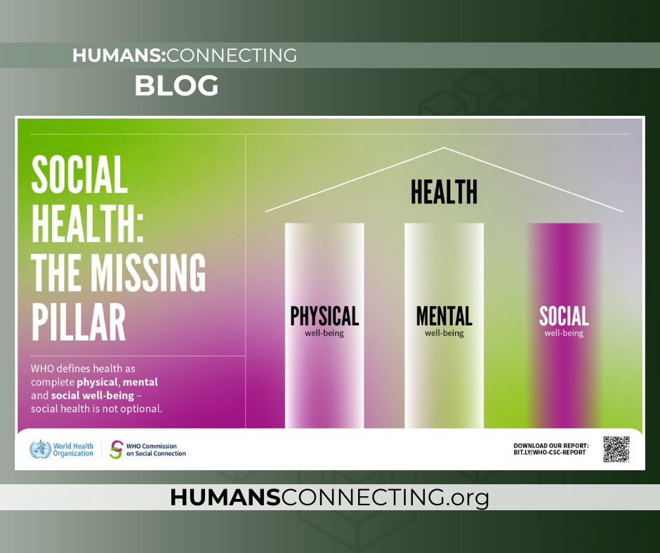 Blog image titled "Social Health: The Missing Pillar"; features a gradient background and three pillars labeled Physical, Mental, Social well-being.