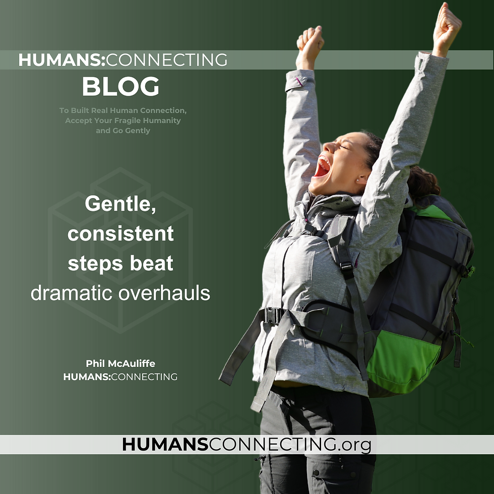 Woman in hiking gear joyfully raises arms against a green background. Text reads: "Gentle, consistent steps beat dramatic overhauls."