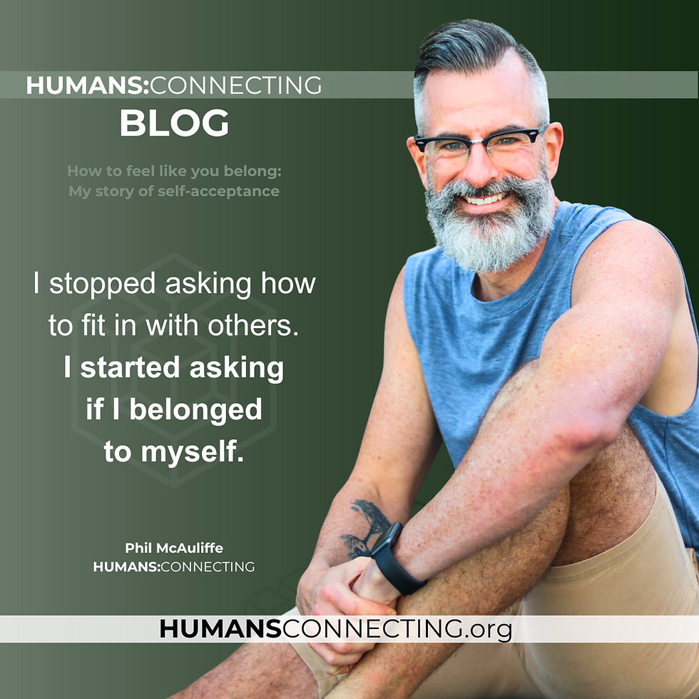 Man with glasses and beard smiling, seated against a green background. Text: "I stopped asking how to fit in... if I belonged to myself."