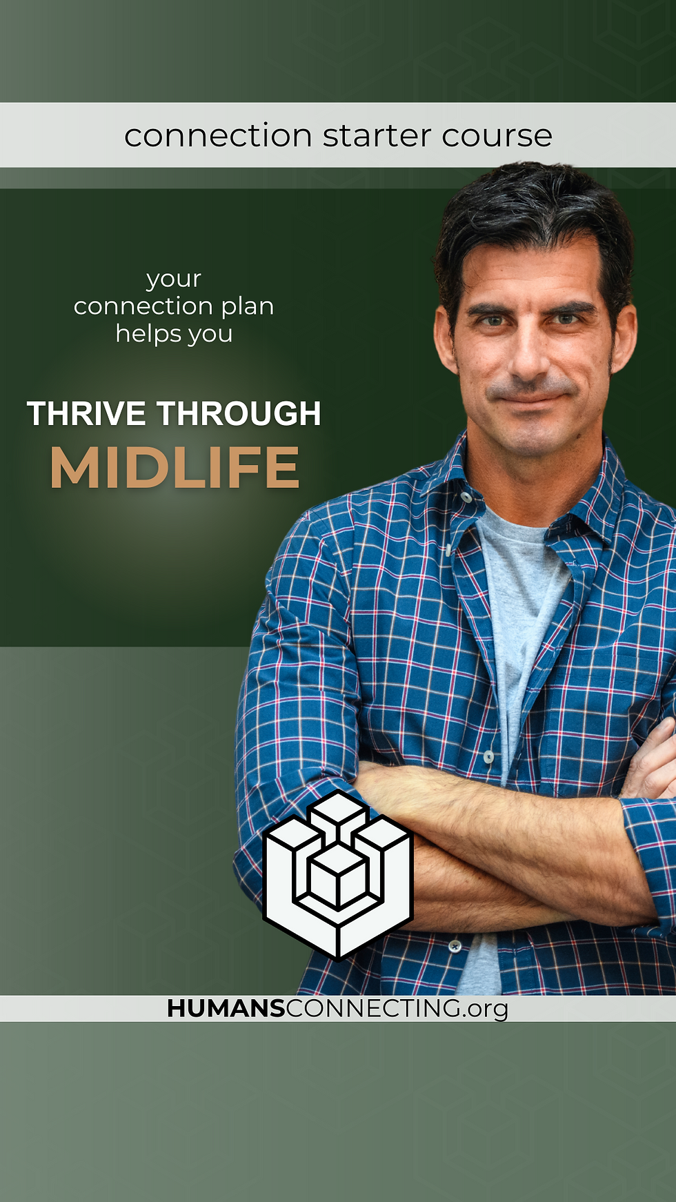 Man with folded arms in blue plaid shirt on green background. Text: "Thrive Through Midlife", "connection starter course". HumansConnecting.org logo.