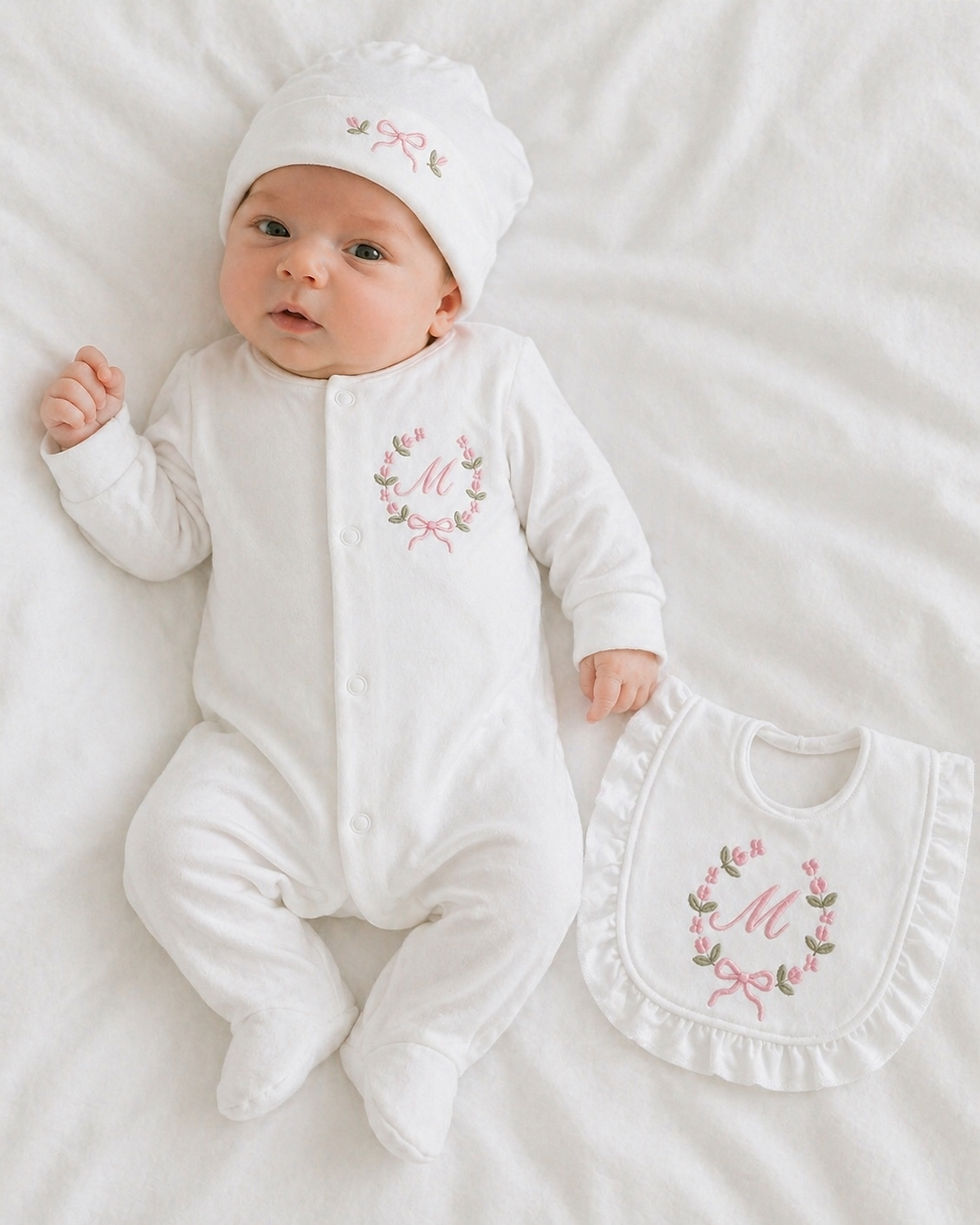 Thumbnail: Floral Wreath Embroidered Hat, Sleepsuit & Frilly Bib Set