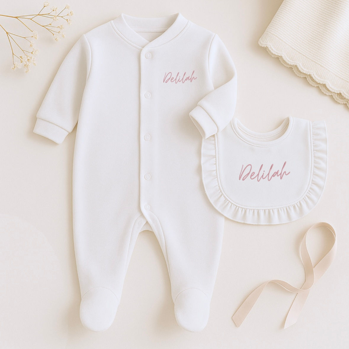 Personalised Embroidered Sleepsuit & Frilly bib Set