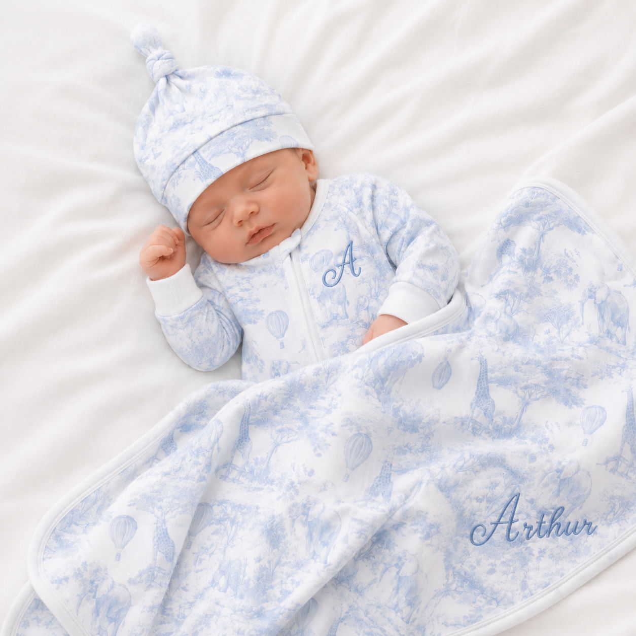 Safari Toile Print Hat, Sleepsuit & Blanket Set