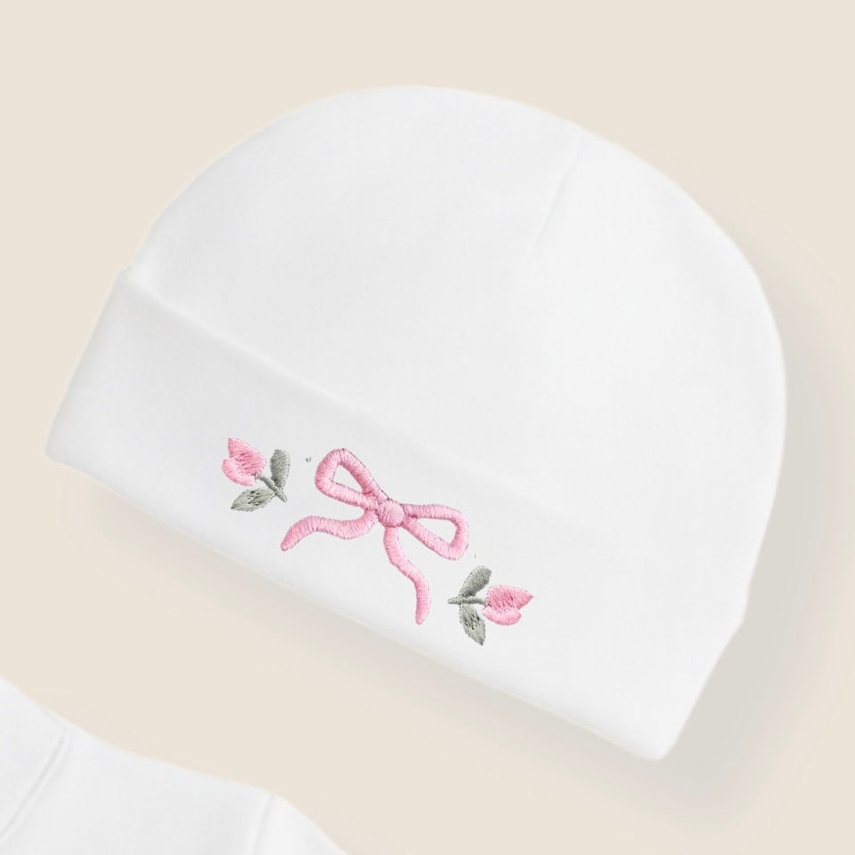 Thumbnail: Floral Wreath Embroidered Hat, Sleepsuit & Frilly Bib Set