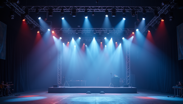 Eye-level view of a large event stage with lighting and sound equipment being set up