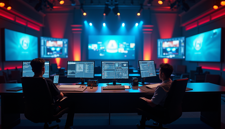 Eye-level view of a well-organized event control room with multiple screens and equipment