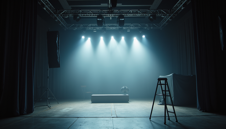 Eye-level view of a stage being set up with lighting and sound equipment